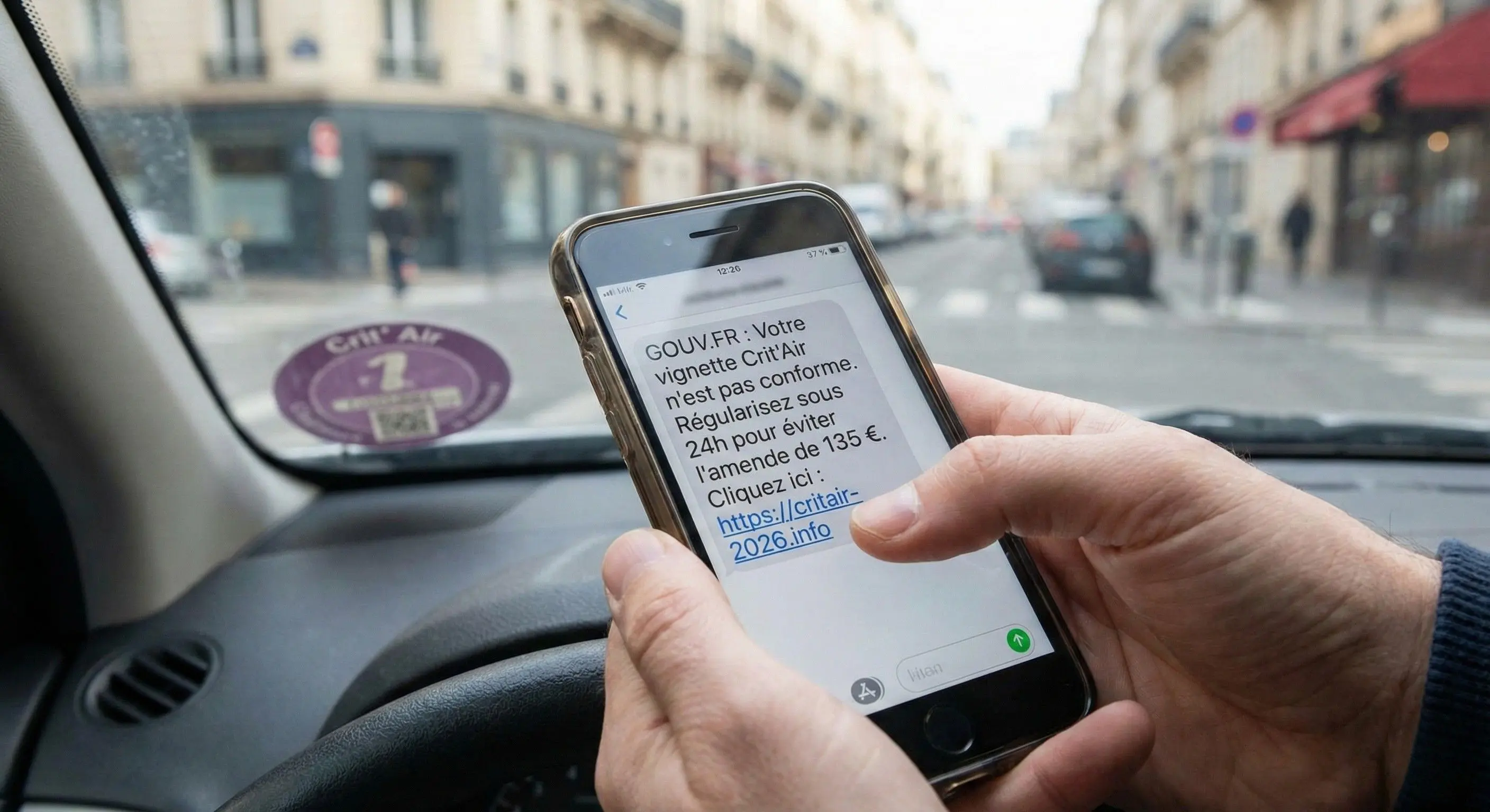 Exemple de SMS frauduleux réclamant une mise à jour de la vignette Crit'Air